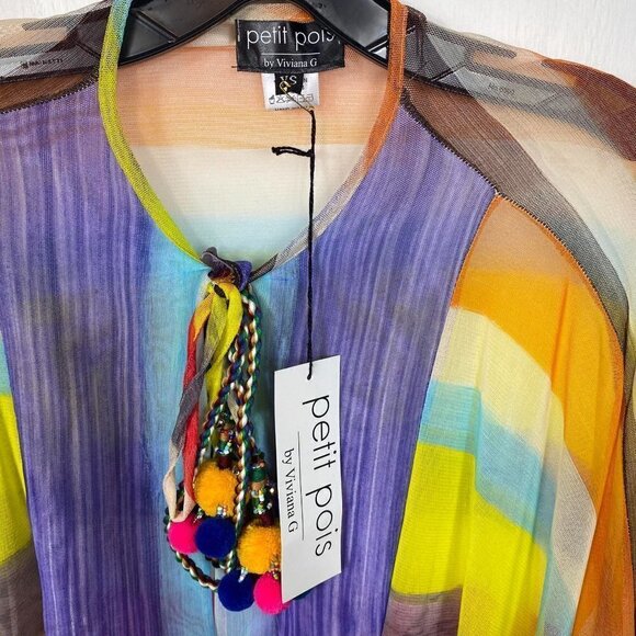 Petit Pois Viviana G Sheer Mesh Poncho XS | Striped Beaded Pom Pom Boho Top - Picture 8 of 11